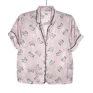FOREVER 21 Cat Print Pajama Shirt Shorts Set Satin Lightweight Pink Size Small